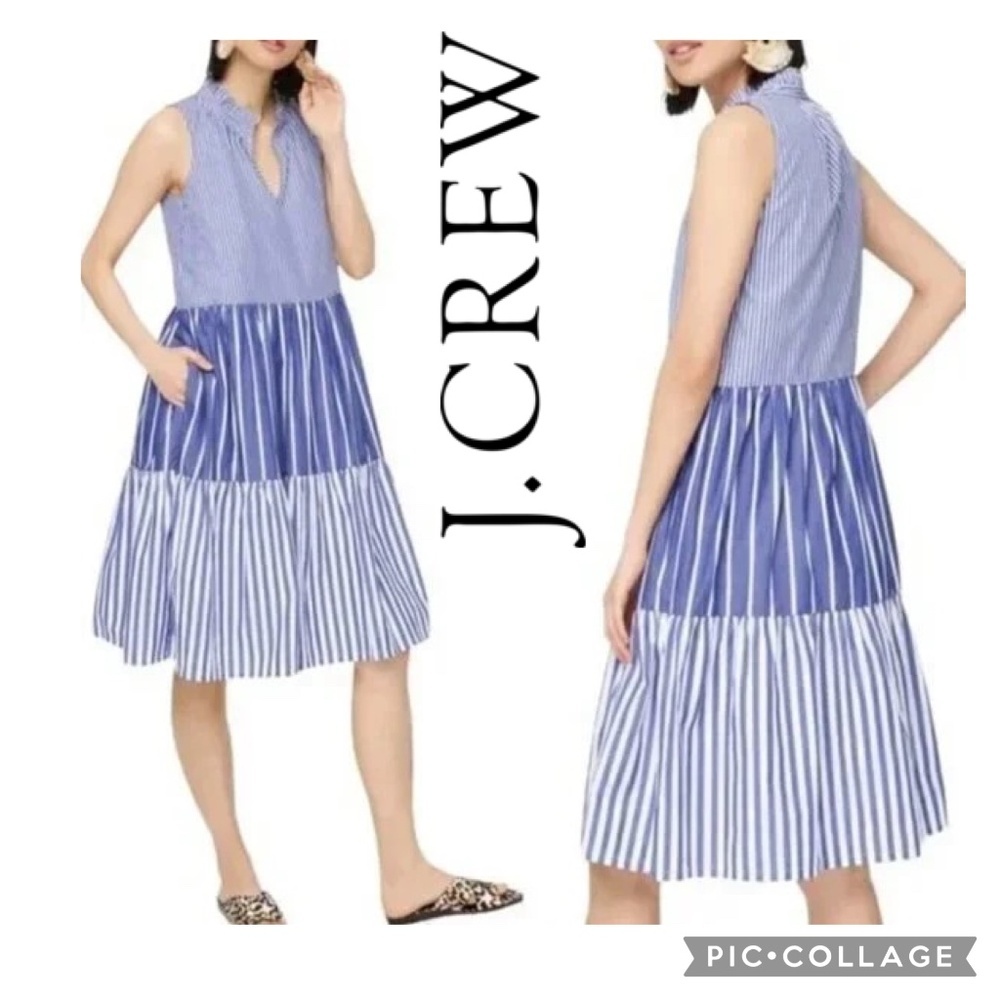 J.Crew Sleeveless tiered popover in mixed Stripe Blue Poplin Dress
